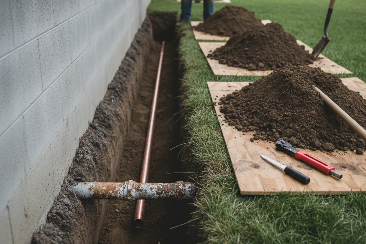 Excavated water line trench during Sewer Line Repair in Deep Run
